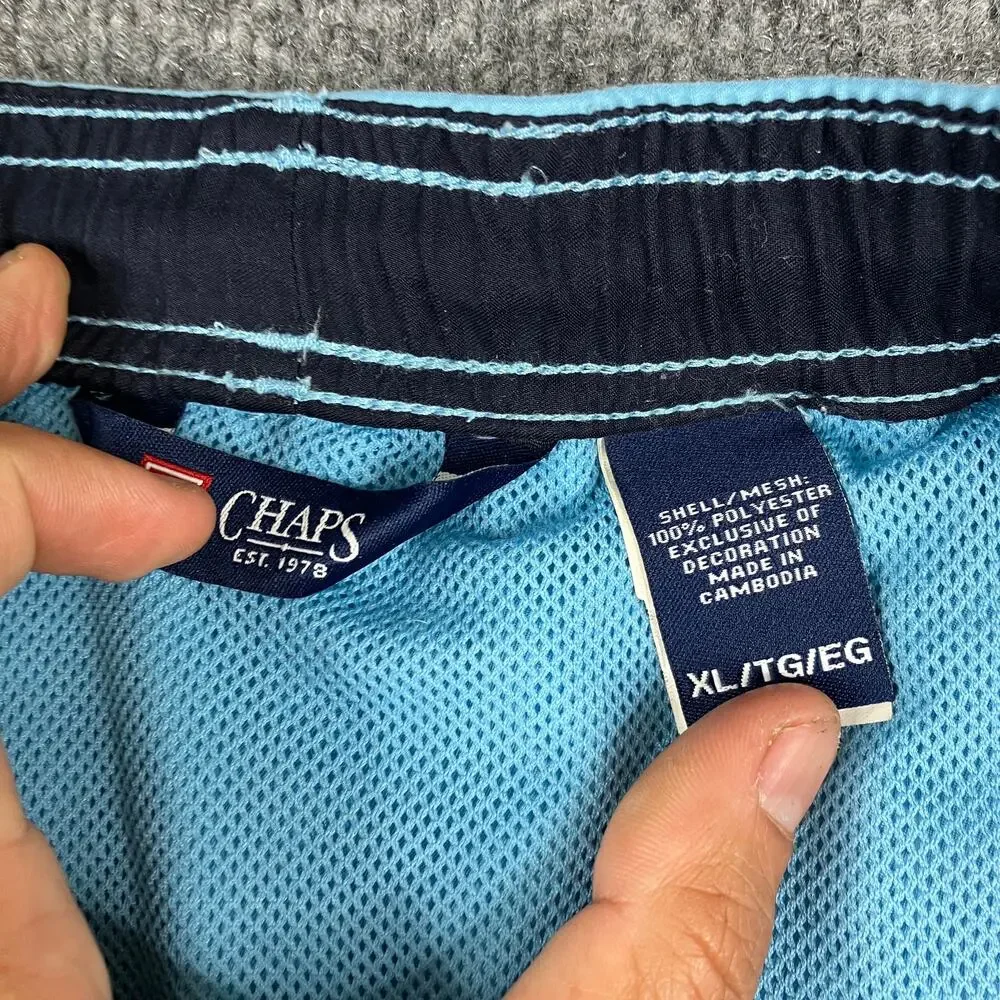 Chaps Swim Trunks Mens XL Blue‎ White Trim Drawstring Mesh Lined Pocket Casual